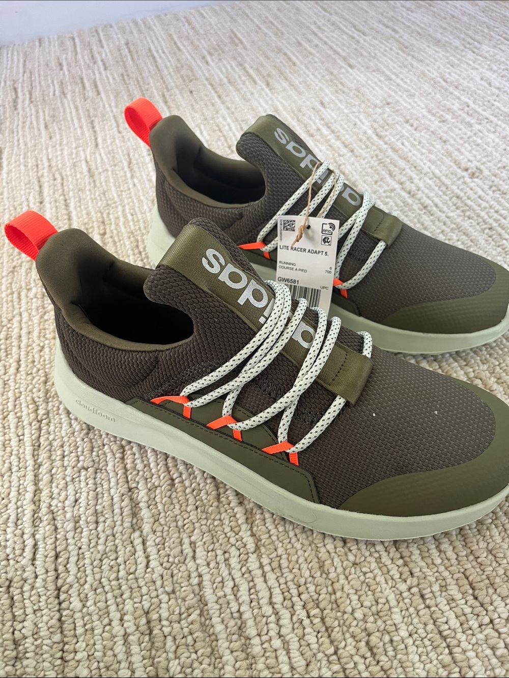 adidas lite racer adapt 5. Olive Green Sneakers with Neon Orange Pull Tabs